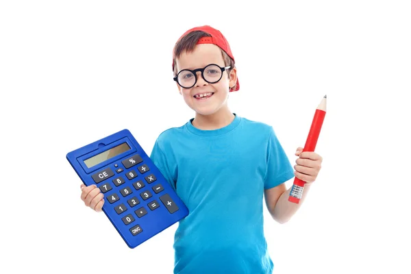 Chlapec s velkými Kalkulačka a tužka — Stock fotografie