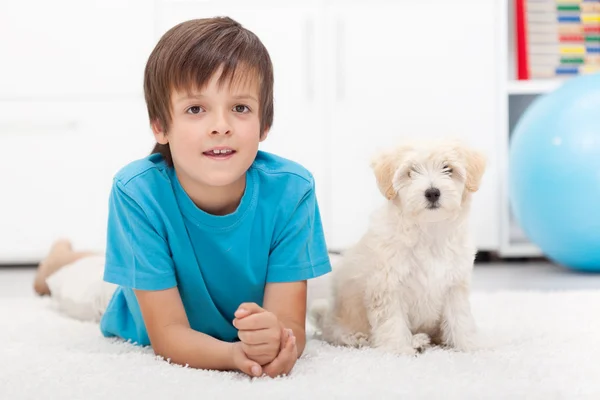 Jonge jongen en zijn goed opgevoede hondje — Stockfoto