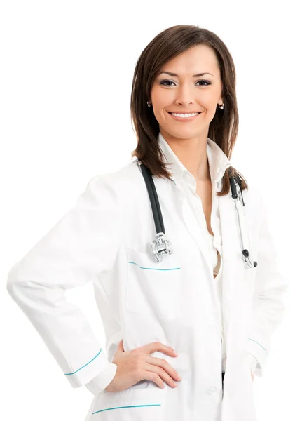 Felice sorridente medico femminile, sopra bianco — Foto Stock
