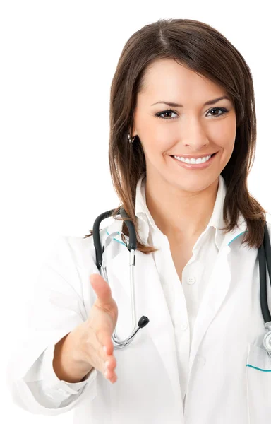 Doctor giving hand for handshaking, over white — Stock Photo, Image