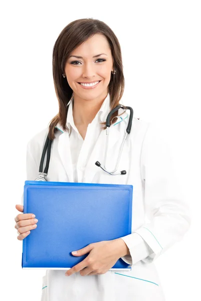 Felice medico sorridente con cartella, su bianco — Foto Stock