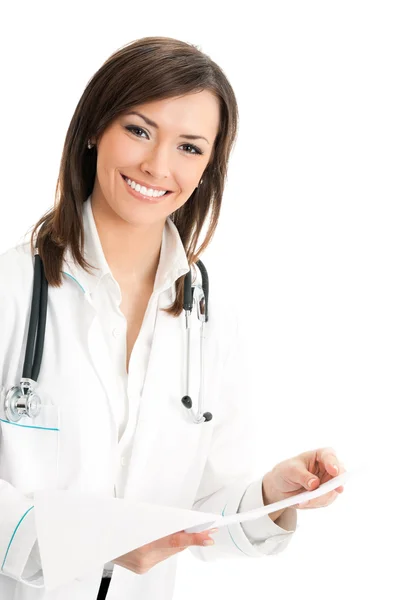 ホワイト上の文書と笑みを浮かべて女性医師 — ストック写真