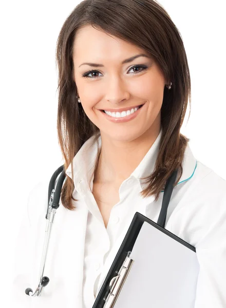 Portret lekarza ze schowka, nad białym — Zdjęcie stockowe