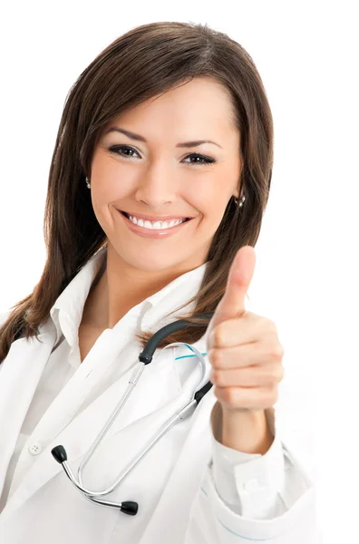 Arzt mit Daumen-hoch-Geste, über Weiß Stockbild