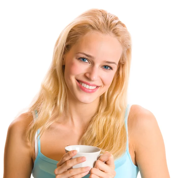 Woman drinking coffee, isolated — Stock Photo, Image