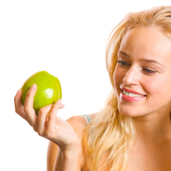 Mujer joven con manzana, aislada — Foto de Stock