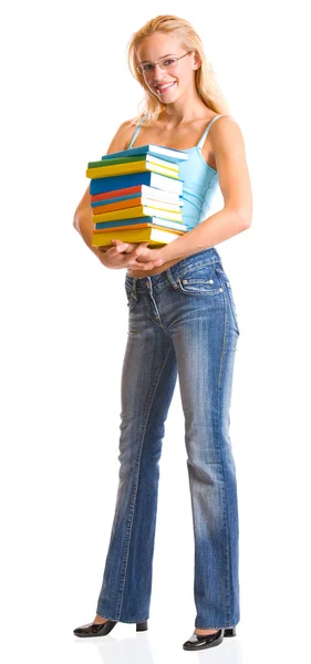 Молода жінка з книгами, ізольовані — стокове фото