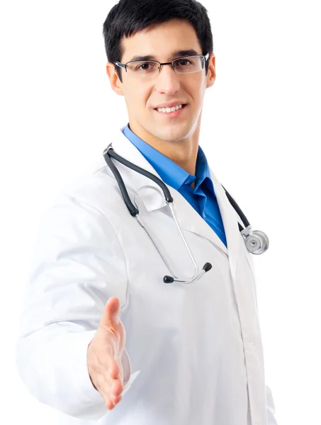 Doktor dává ruku pro handshake, na bílém pozadí — Stock fotografie