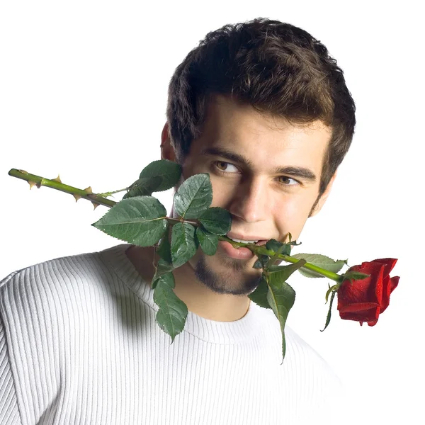 Młody człowiek z różą, na białym tle — Zdjęcie stockowe