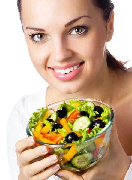 Lachende vrouw met salade, op wit — Stockfoto