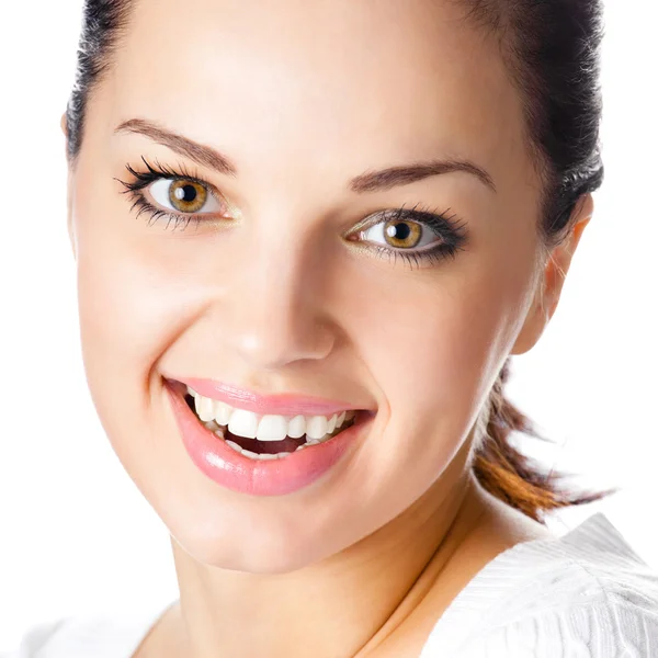 Счастливая улыбающаяся молодая женщина, на белом — стоковое фото
