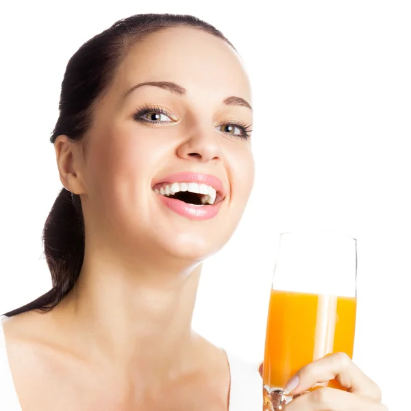 Girl with glass of orange juice, on white — Stock Photo, Image