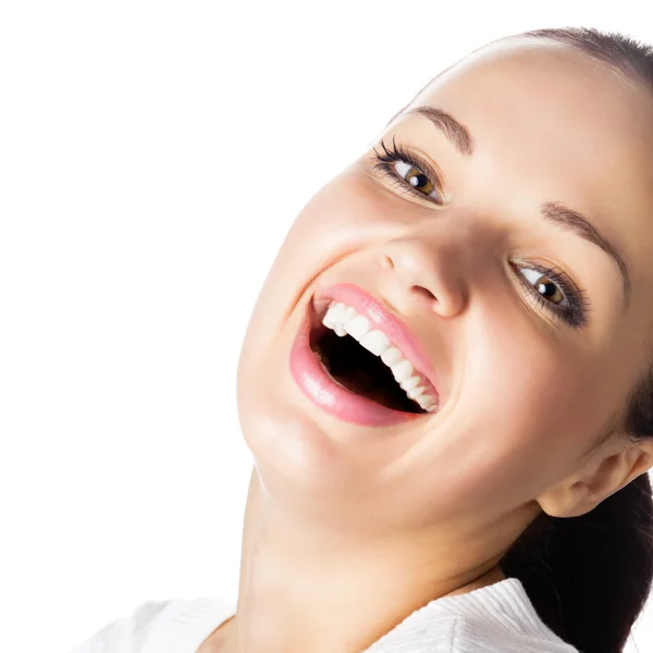 Mycket nöjd leende eller skratt kvinna, på vitt — Stockfoto