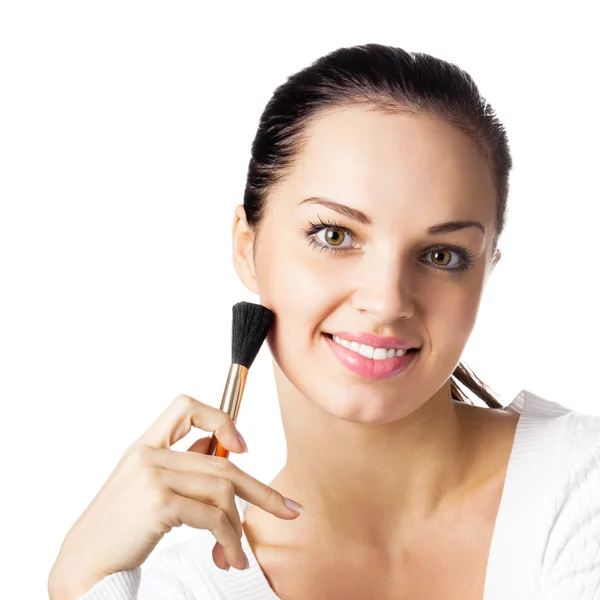 Woman with cosmetics brush, isolated — Stock Photo, Image