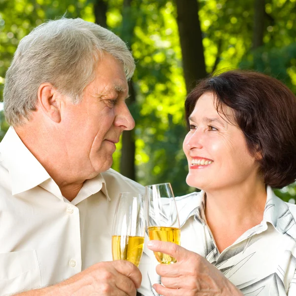 Старшая пара празднует шампанским, на открытом воздухе — стоковое фото