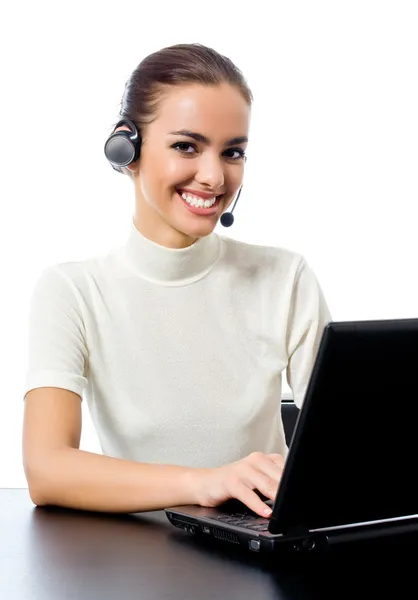 Customer support phone operator with laptop, isolated — Stock Photo, Image