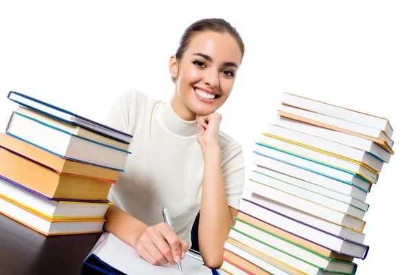 Schrijven van vrouw met schoolboeken, geïsoleerd — Stockfoto