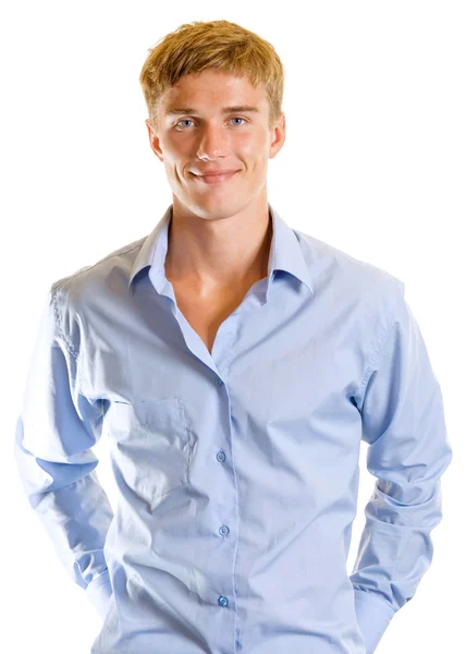 Spokojený úsměv mladý muž, na bílém pozadí — Stock fotografie