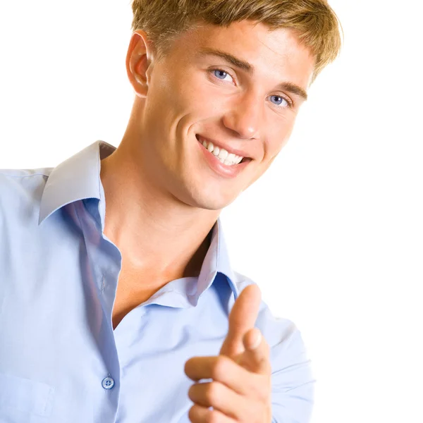 Glada leende ung man, på vitt — Stockfoto