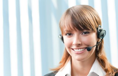 Cheerful smiling support phone operator at office clipart