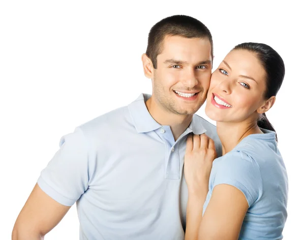 Młody szczęśliwy uśmiechający się para, na białym tle — Zdjęcie stockowe