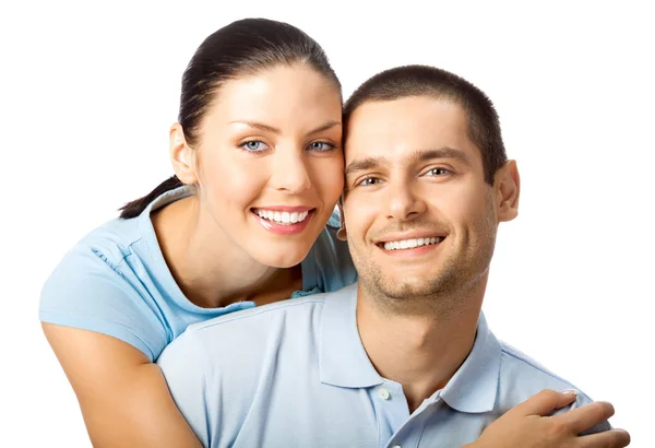 Młody szczęśliwy uśmiechający się para, na białym tle — Zdjęcie stockowe