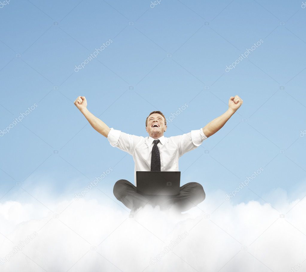 Business man on a clouds. closeup