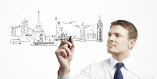 Man draws architectural buildings — Stock Photo, Image