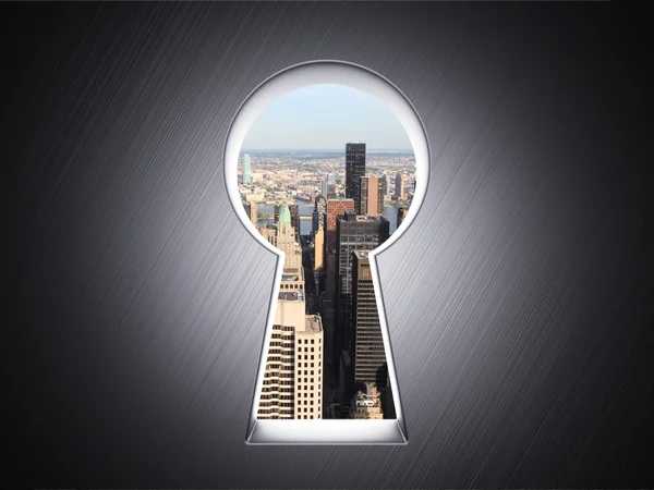 Skyscrapers in keyhole — Stock Photo, Image