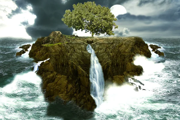 Träd ö i havet med vattenfall — Stockfoto