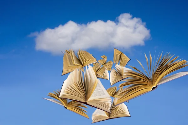 Books flying over blue sky with clouds