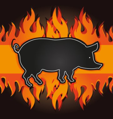 Raster blackboard grill menu card pig fire board clipart