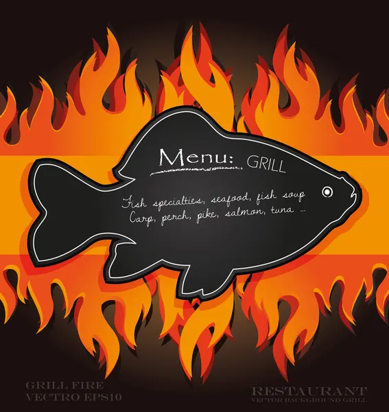 Tarjeta de menú de parrilla de pizarra vectorial pescado tablero de fuego — Vector de stock