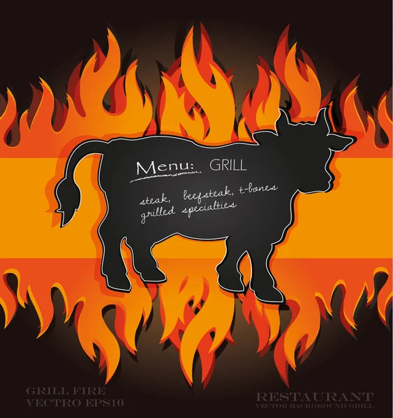 Tarjeta de menú de parrilla de pizarra vectorial tablero de fuego de toro vaca — Vector de stock