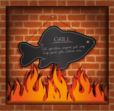 Vector blackboard fish fireplace grill clipart