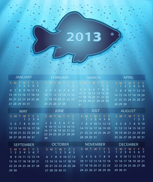 Calendário 2013 peixes água azul fundo gotas — Vetor de Stock