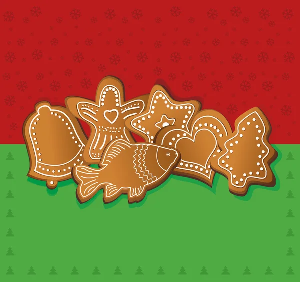 Raster christmas gingerbread card red green — Stock Photo, Image
