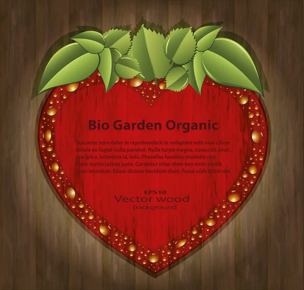 Vector Bio garden strawberry heart red organic wood background — Stock Vector