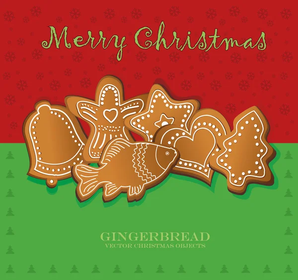 Vector christmas gingerbread card red green — Stock Vector