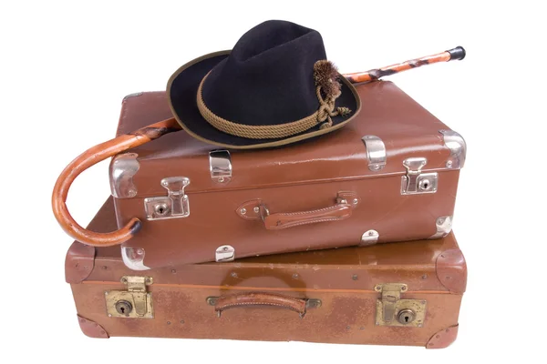 Ročník kufry s vycházkovou hůl a klobouk — Stock fotografie
