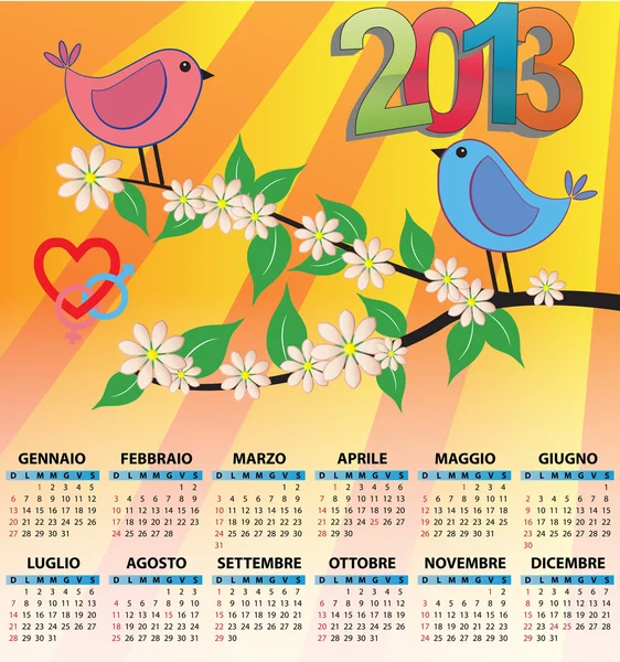 2013 calendario de aves italiano — Archivo Imágenes Vectoriales