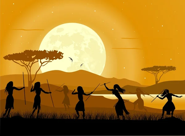 Africa peisaj fundal. Vânătorii africani și răsăritul Lunii — Vector de stoc