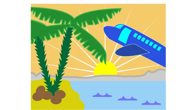 Isla tropical de vacaciones con playa y avión — Vector de stock