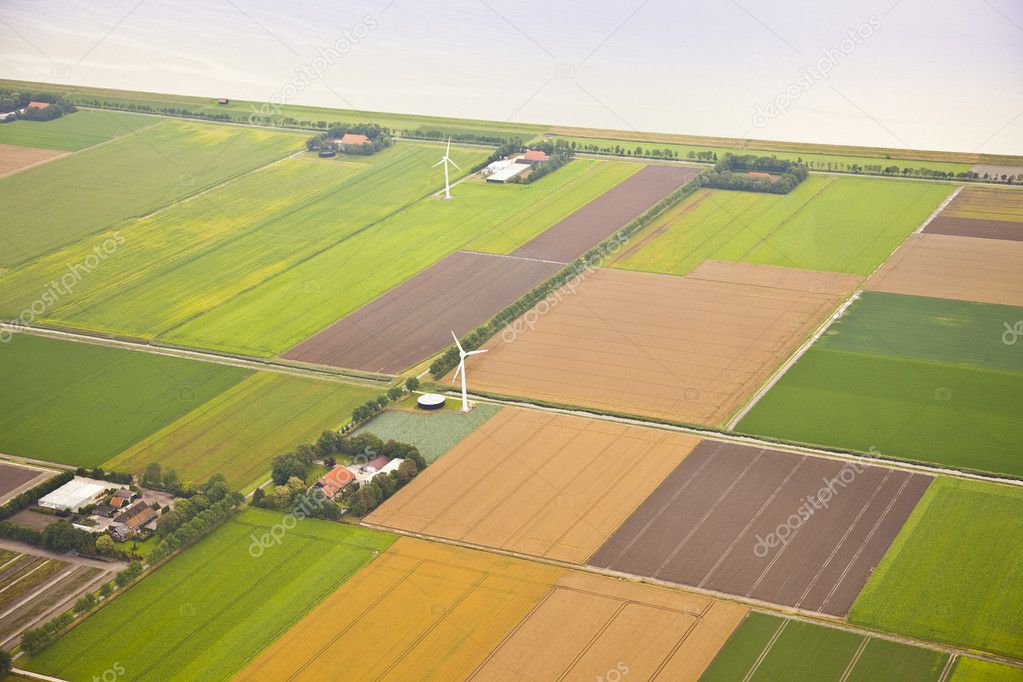 Farm landscape with windmill from above, The Netherlands