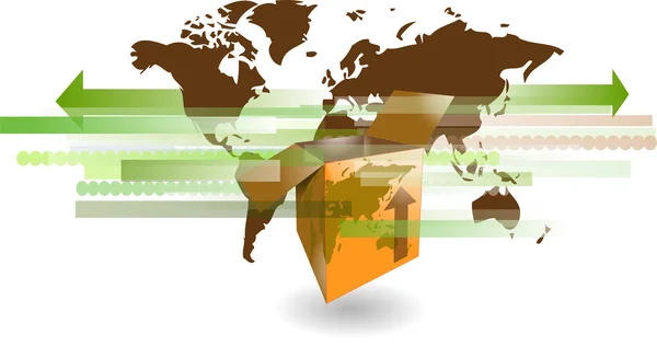 Kotak pengiriman kardus dengan peta kata untuk pengiriman internasional - Stok Vektor