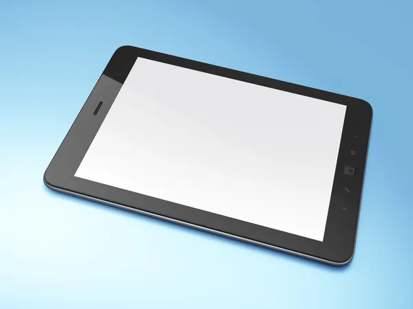 Черный планшетный компьютер на синем фоне — стоковое фото