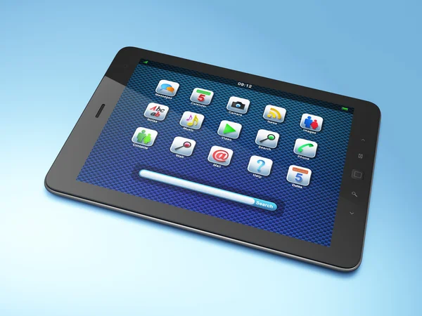 Belo computador tablet pc preto no fundo azul — Fotografia de Stock