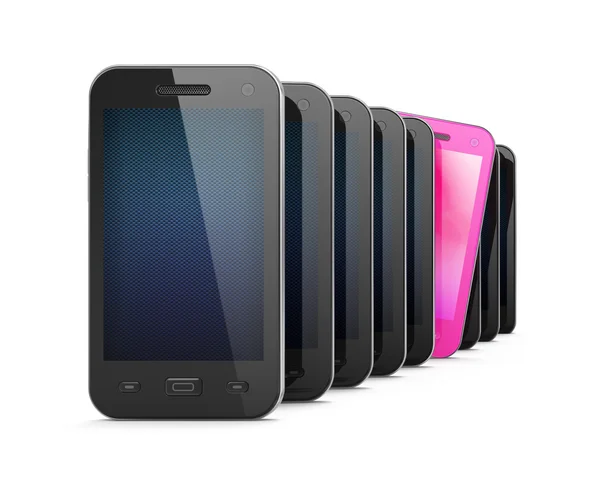 Hermoso teléfono inteligente rosa entre muchos teléfonos inteligentes negros — Foto de Stock