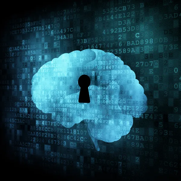 Gehirn mit Schlüsselloch auf digitalem Bildschirm — Stockfoto
