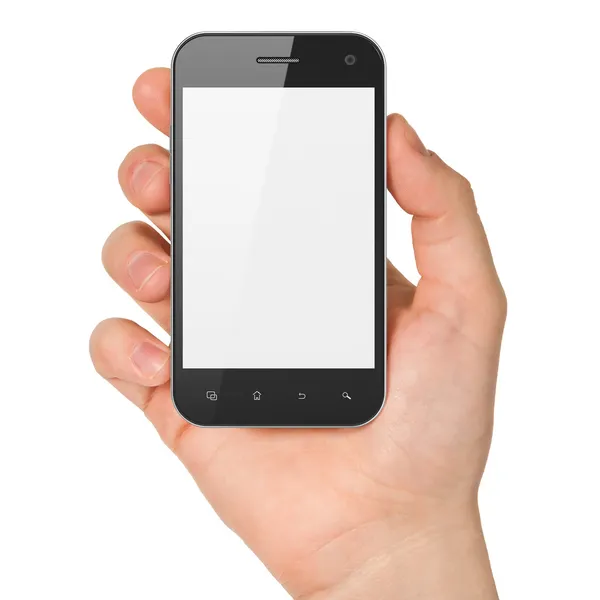 Mão segurando smartphone no fundo branco. — Fotografia de Stock